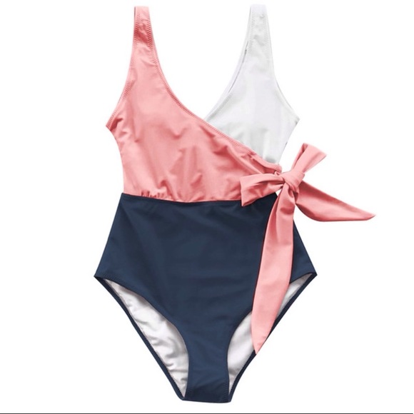 Cupshe Women's Pink & Blue Block One Piece Swimsuit Plunging Knotted Monokini - Picture 3 of 6